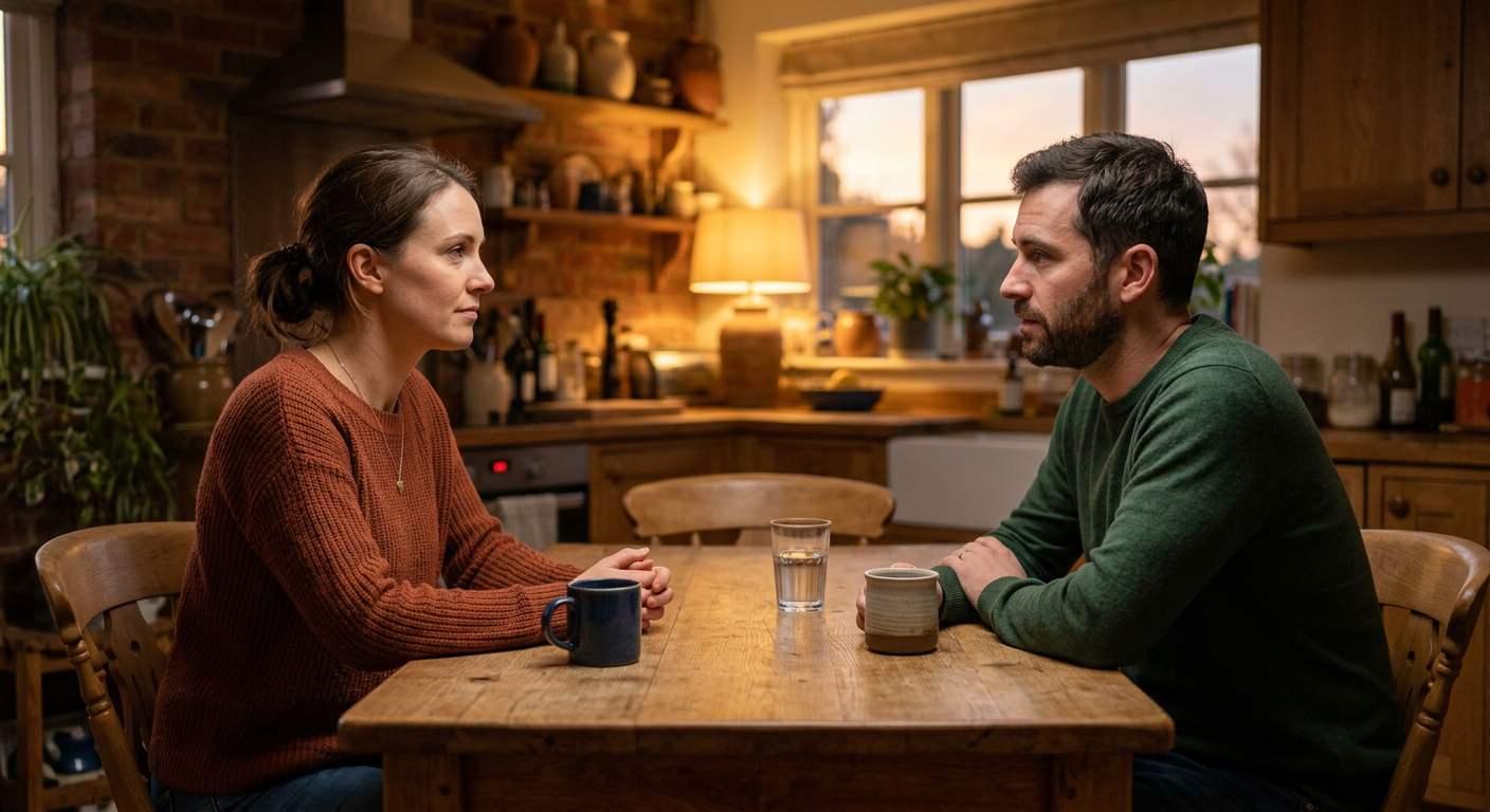 Frau und Mann im ehrlichen Gespräch am Küchentisch, ruhig und klar